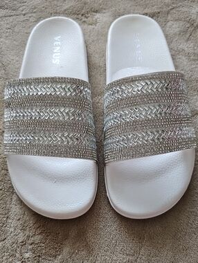 NEW VENUS White Slide Sandals with Silver Woven and Beaded Strap